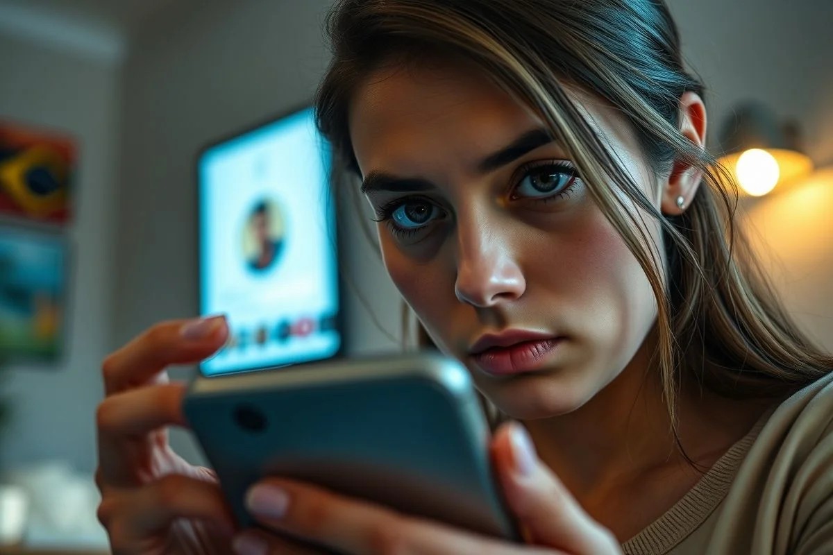 Mulher brasileira preocupada olhando celular, ciúme redes sociais.