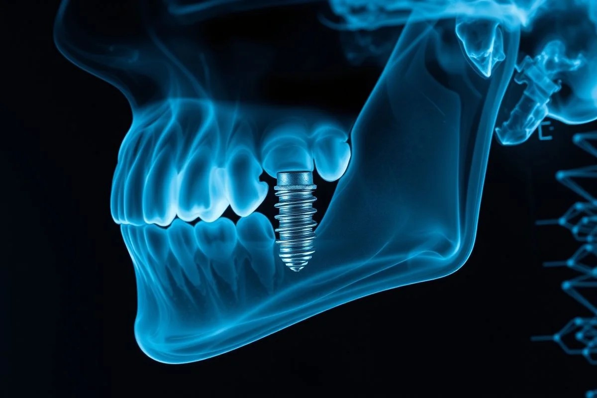 Raio-X mostrando implante dentário integrado ao osso maxilar, odontologia