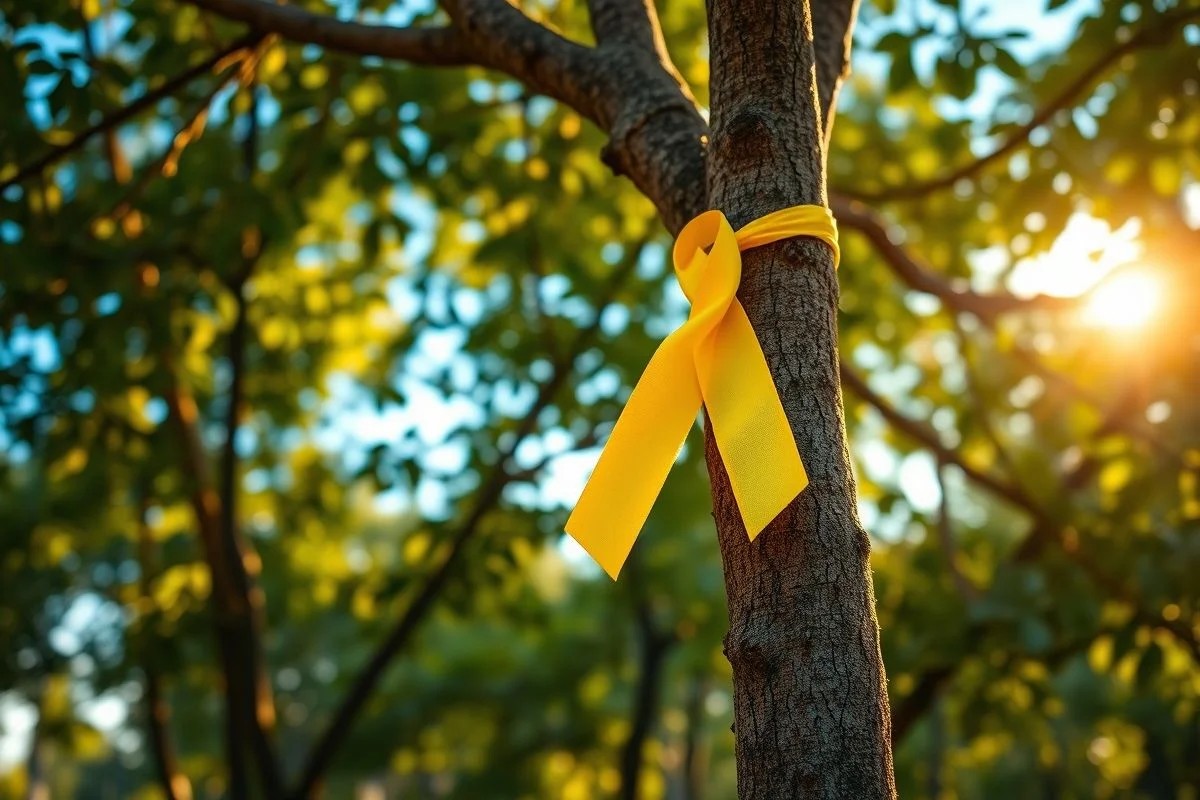 Laço amarelo em árvore no Cerrado, simbolizando esperança no Setembro Amarelo.