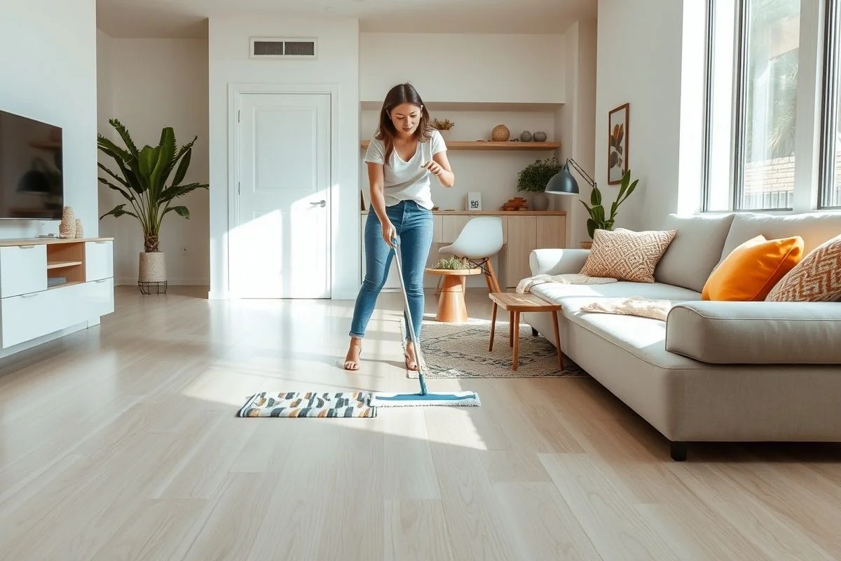 Mulher limpando um piso laminado flutuante com um pano úmido.