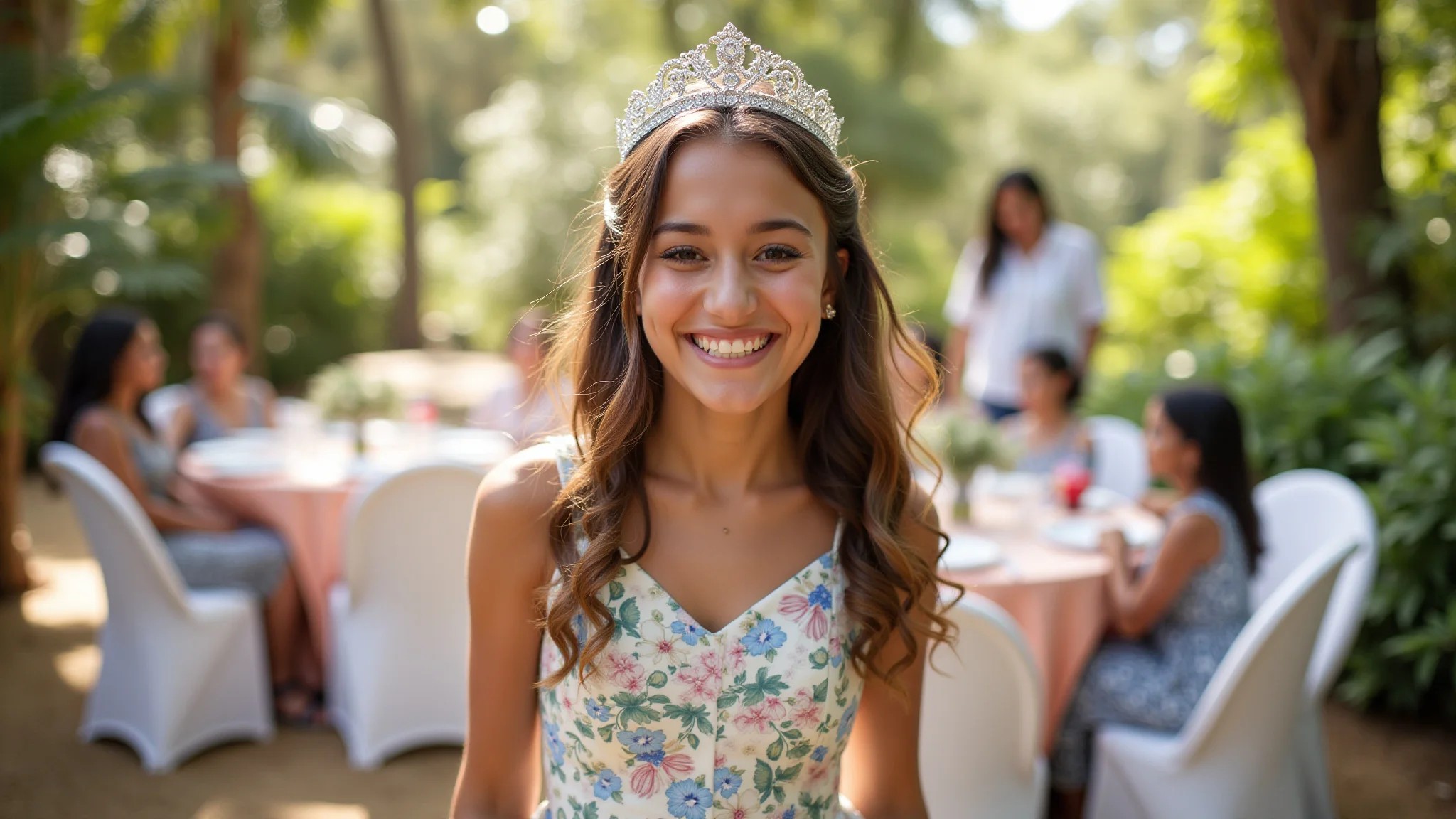 Convidada de 15 anos com vestido floral midi em festa diurna, sorrindo.