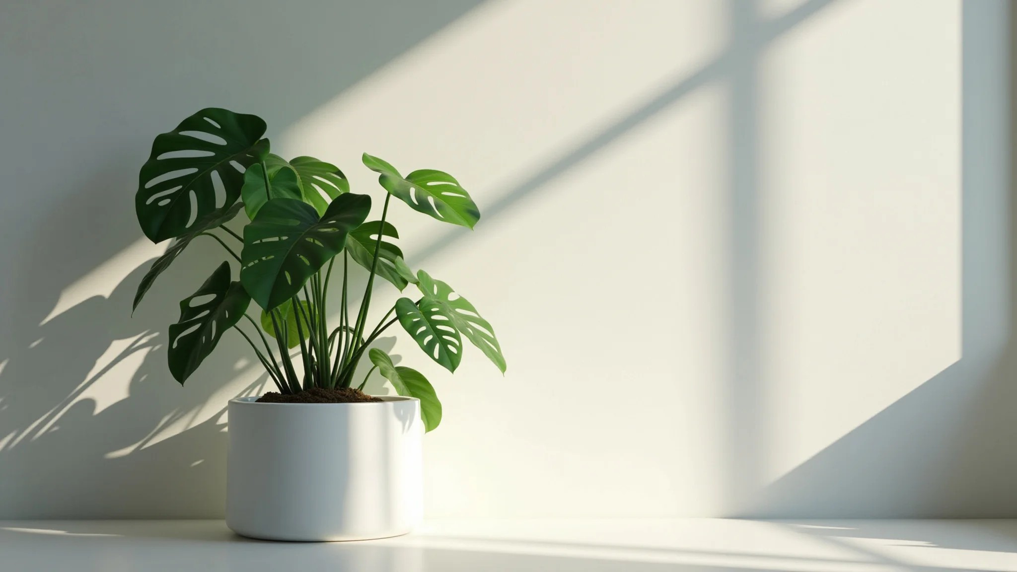 Zamioculca em vaso estiloso, decoração minimalista e iluminação brilhante.