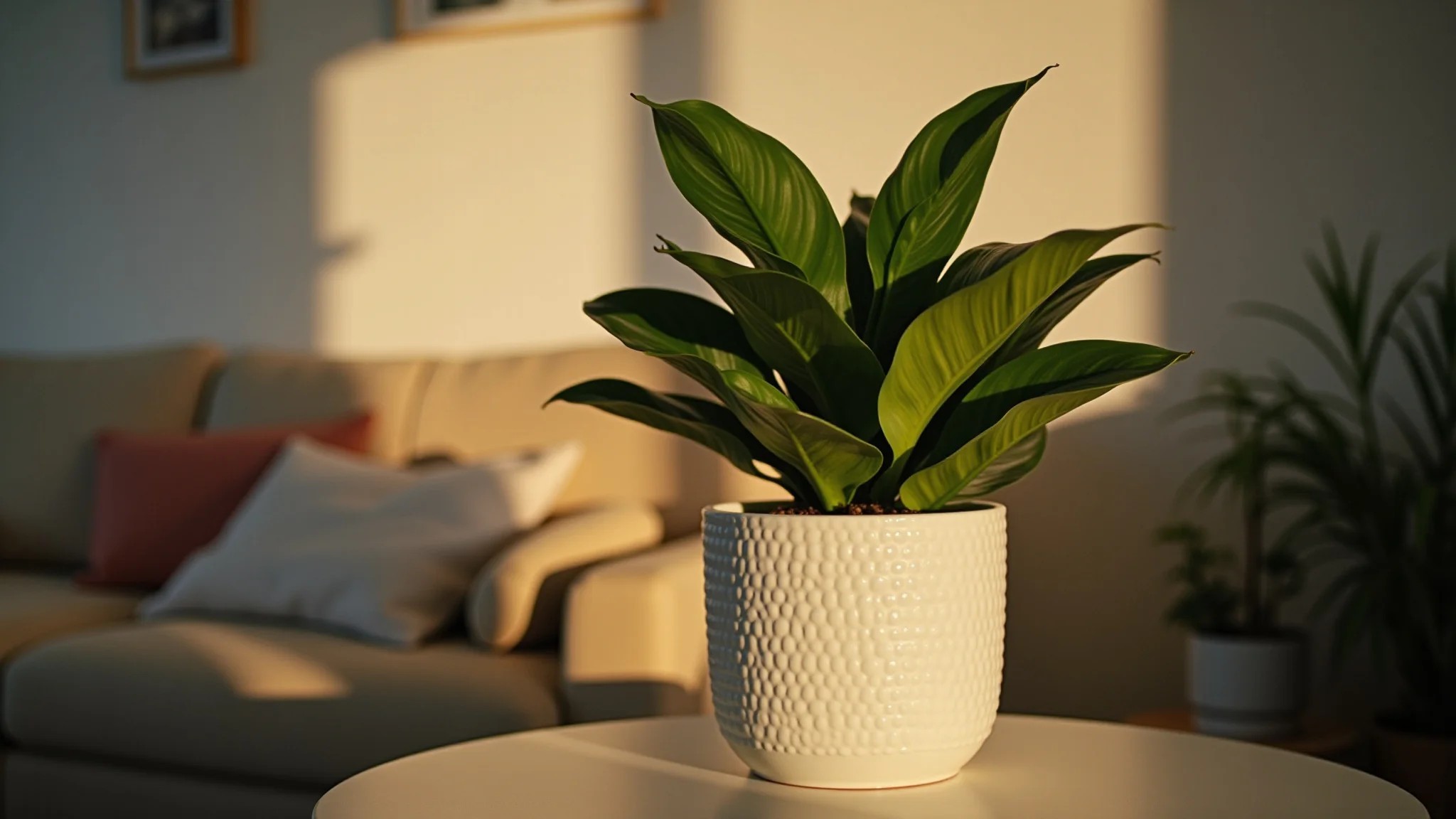 Zamioculcas em vaso moderno na estante de sala com pouca luz, decoração minimalista.