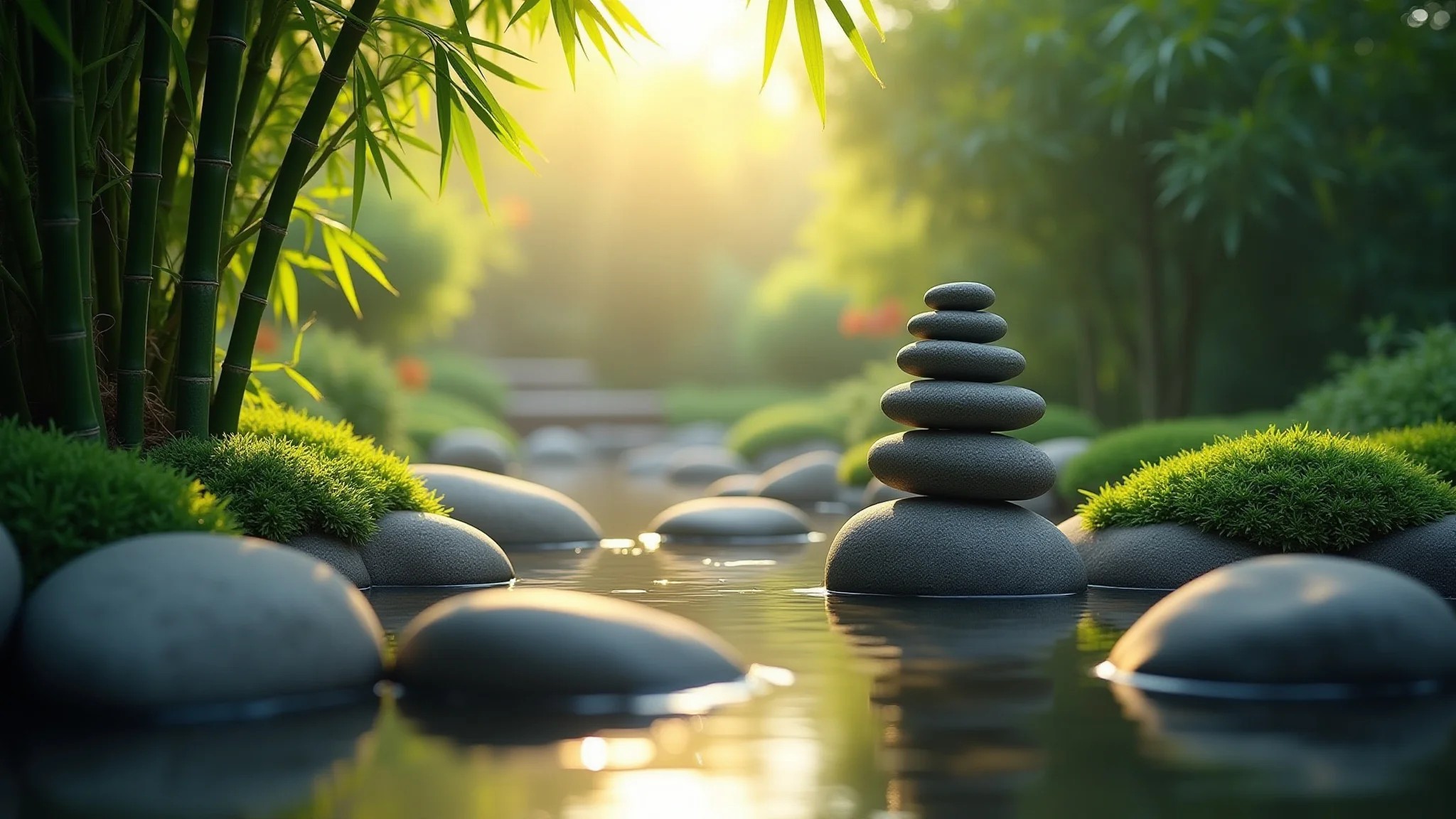 Jardim zen exuberante com bambu e pedras sob luz dourada suave.