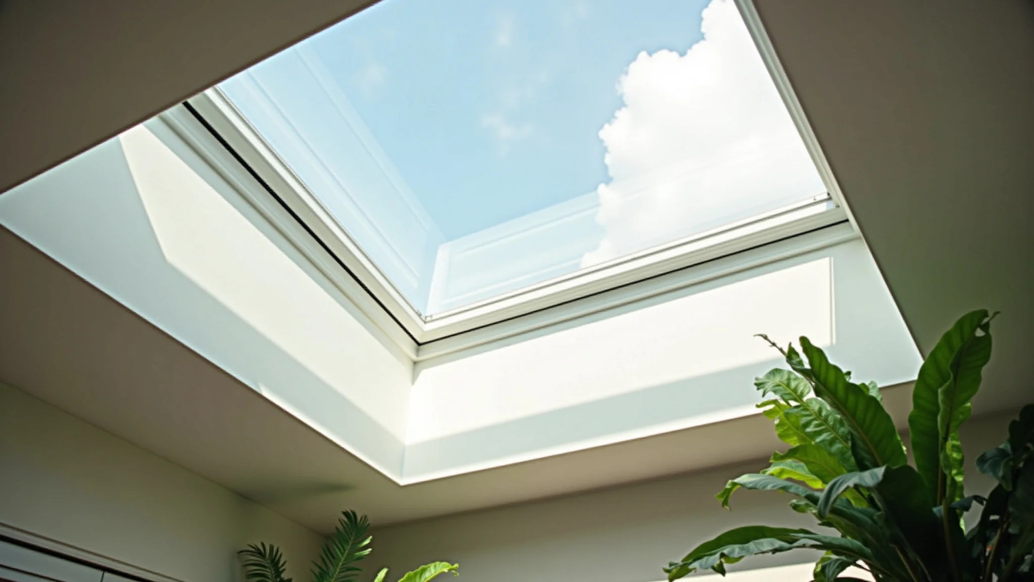 Iluminação zenital com claraboia e película de proteção solar, interior bem iluminado e plantas.