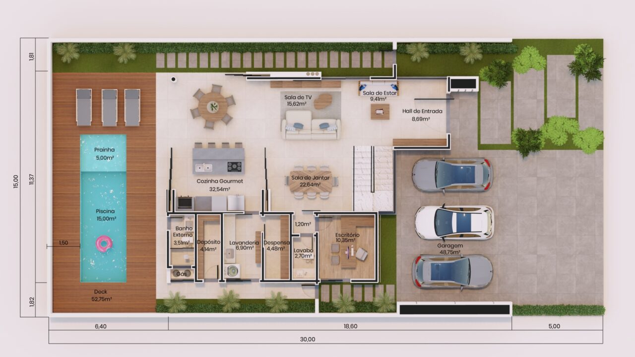 Planta de Casa Sobrado com 3 suítes e ...