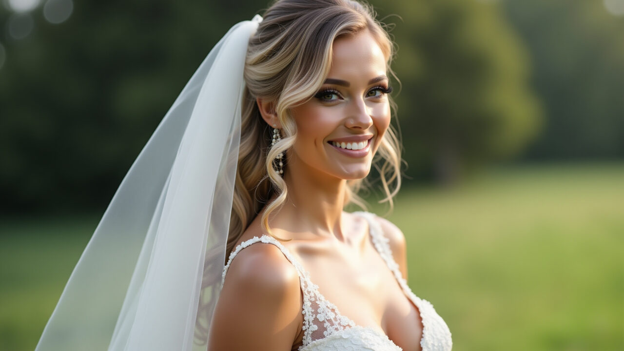 8K, hyper-realistic: Bride with half-up natural waves, veil attached, soft makeup, outdoor wedding, Noiva com cabelo semi preso ondulado e véu.