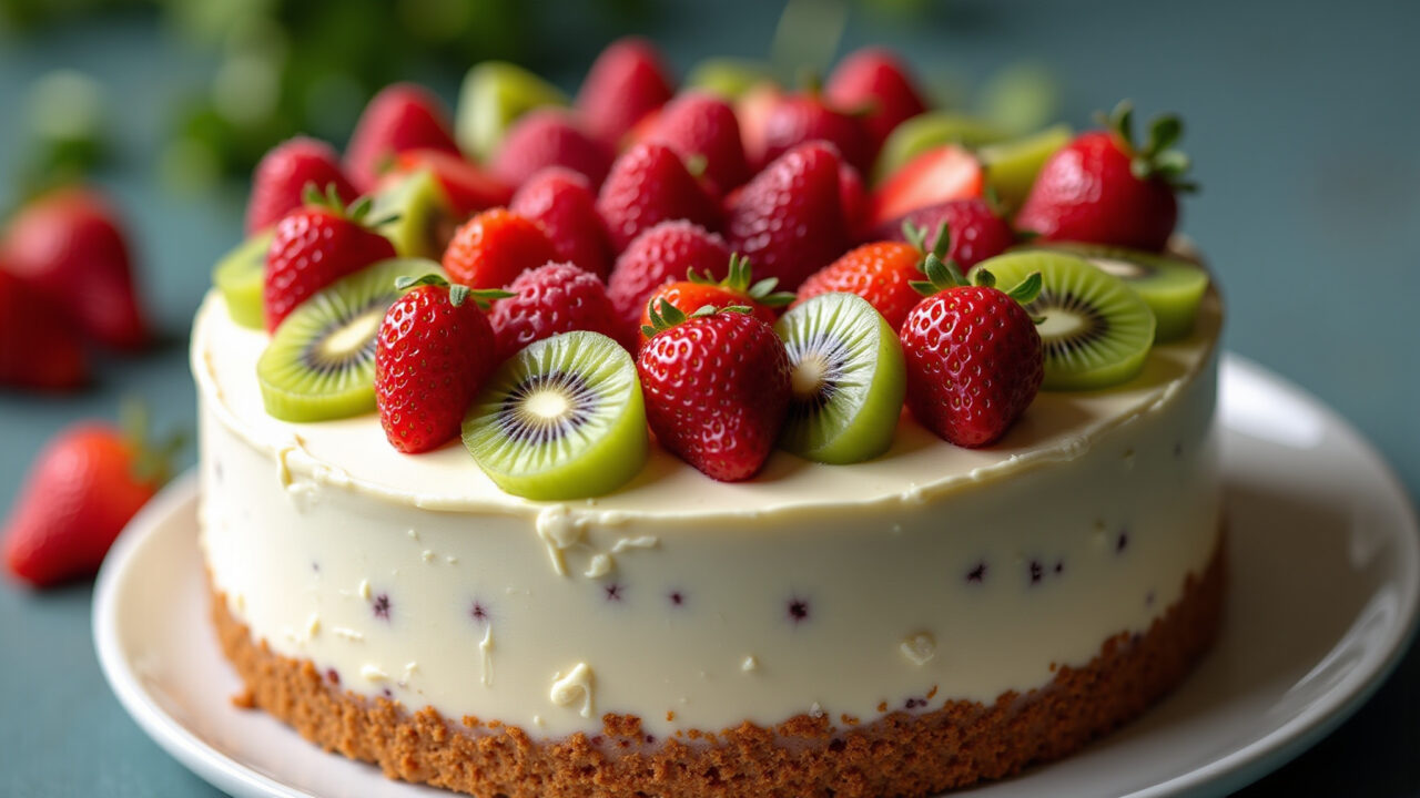 Bolo feminino simples com frutas frescas.