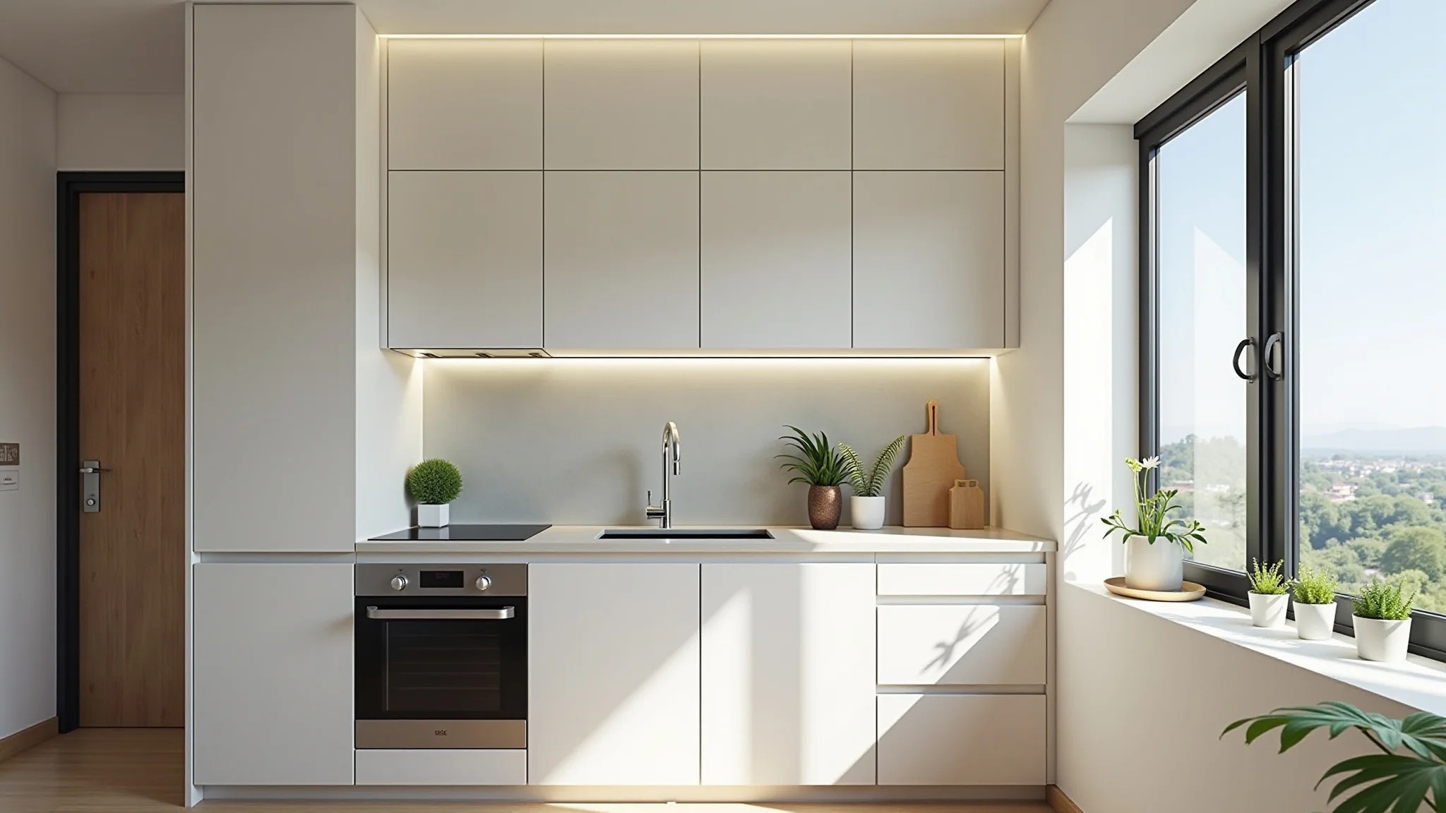 Planta baixa de cozinha linear moderna em apartamento brasileiro, design eficiente e luz natural.