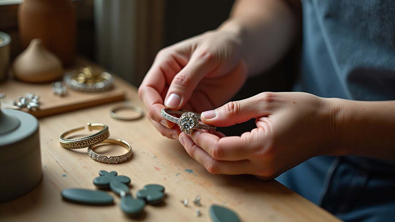 8K quality, hyper-realistic close-up of artisan hands carefully arranging handmade jewelry for a Mãos de artesã fotografando joias artesanais para Elo7.