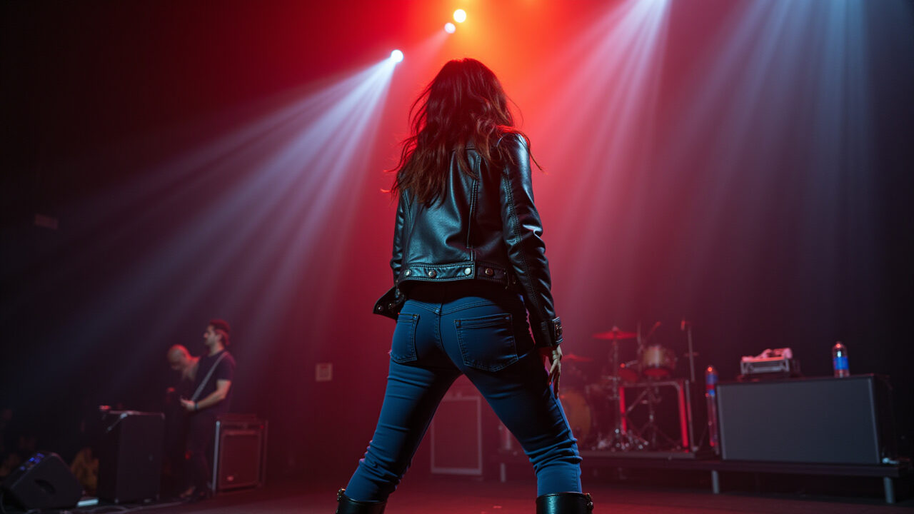 Mulher com calça slouchy e jaqueta de couro em show.