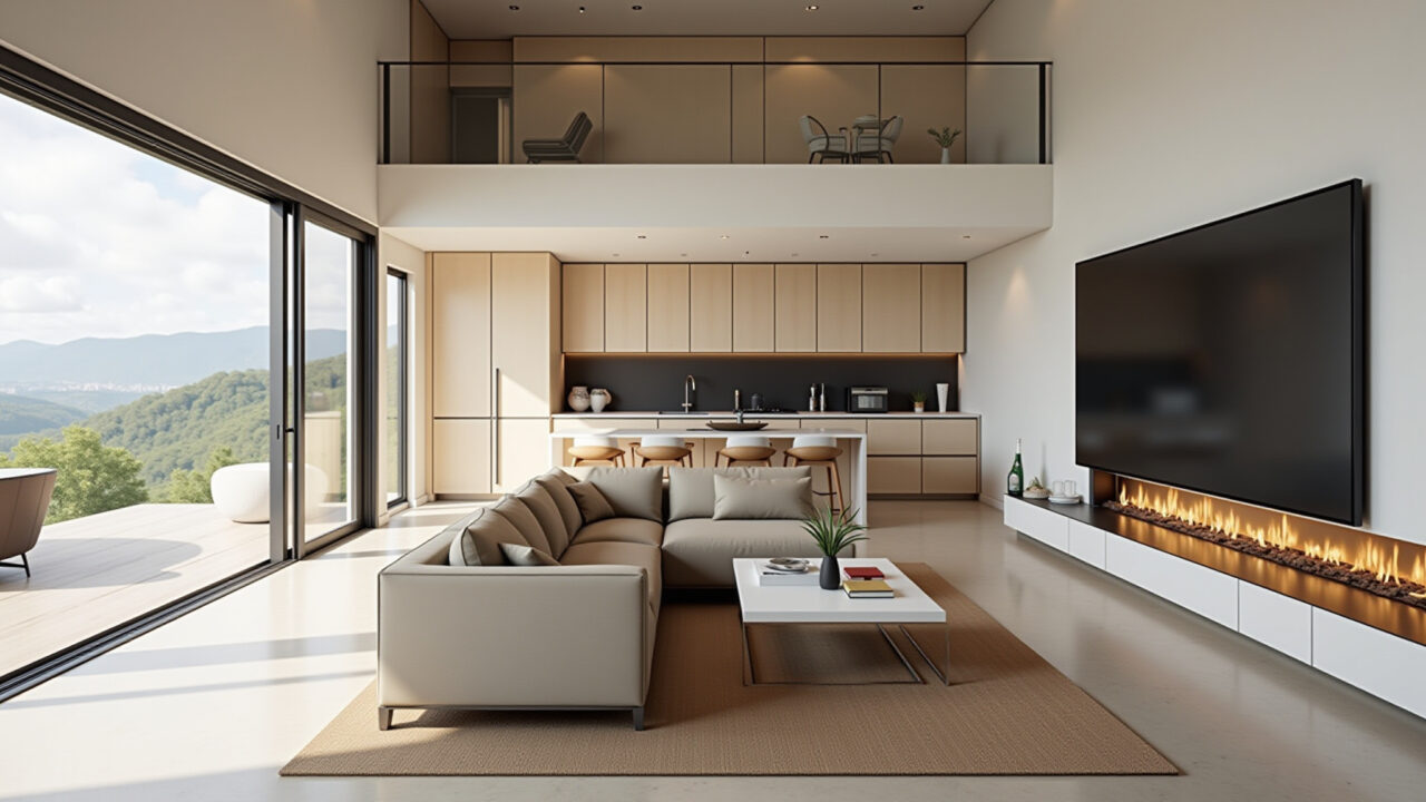 8K quality photo of a double-height living room, integrated with a modern kitchen, Brazilian Sala de estar integrada à cozinha moderna com pé direito duplo.