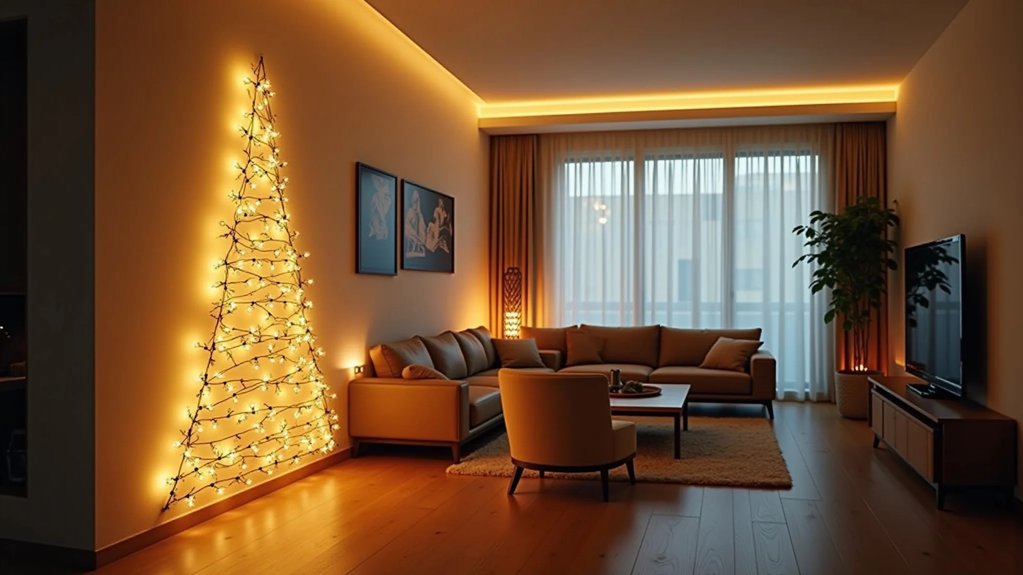 Árvore de Natal de parede minimalista feita com luzes em apartamento moderno.