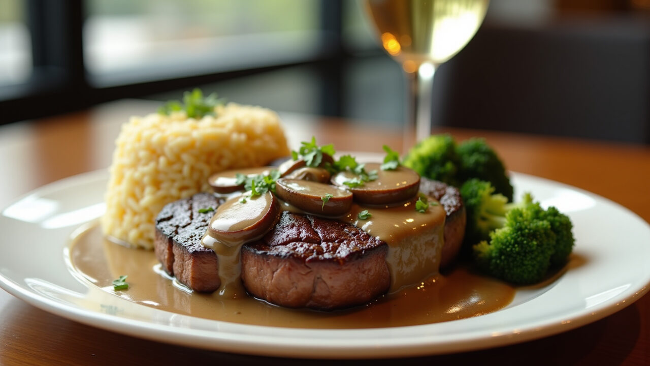 Bife com molho de cogumelos e arroz de brócolis.