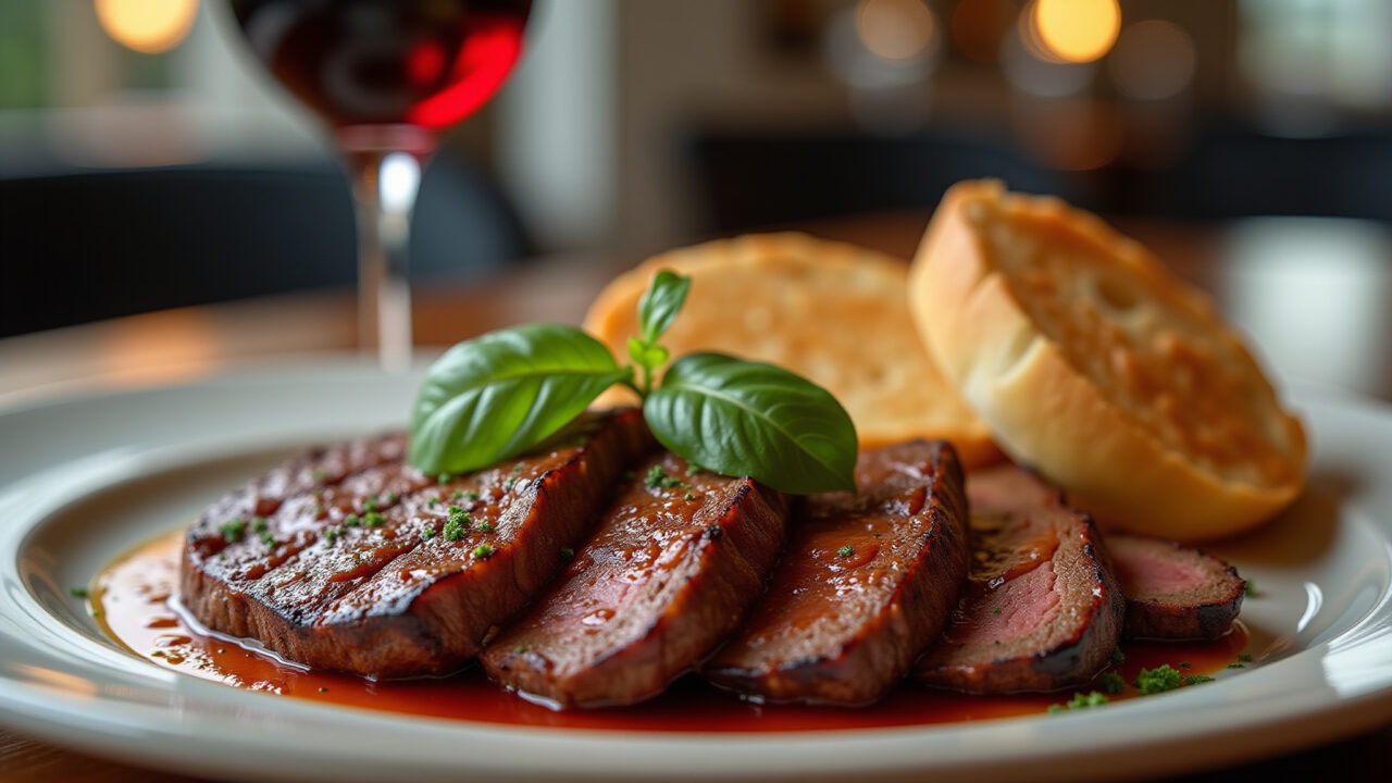 Bife com chimichurri, pão italiano e vinho tinto.