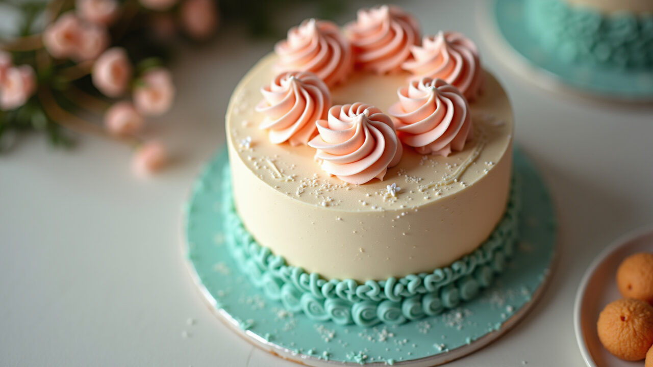 Bolo decorado com chantilly em tons pastel.