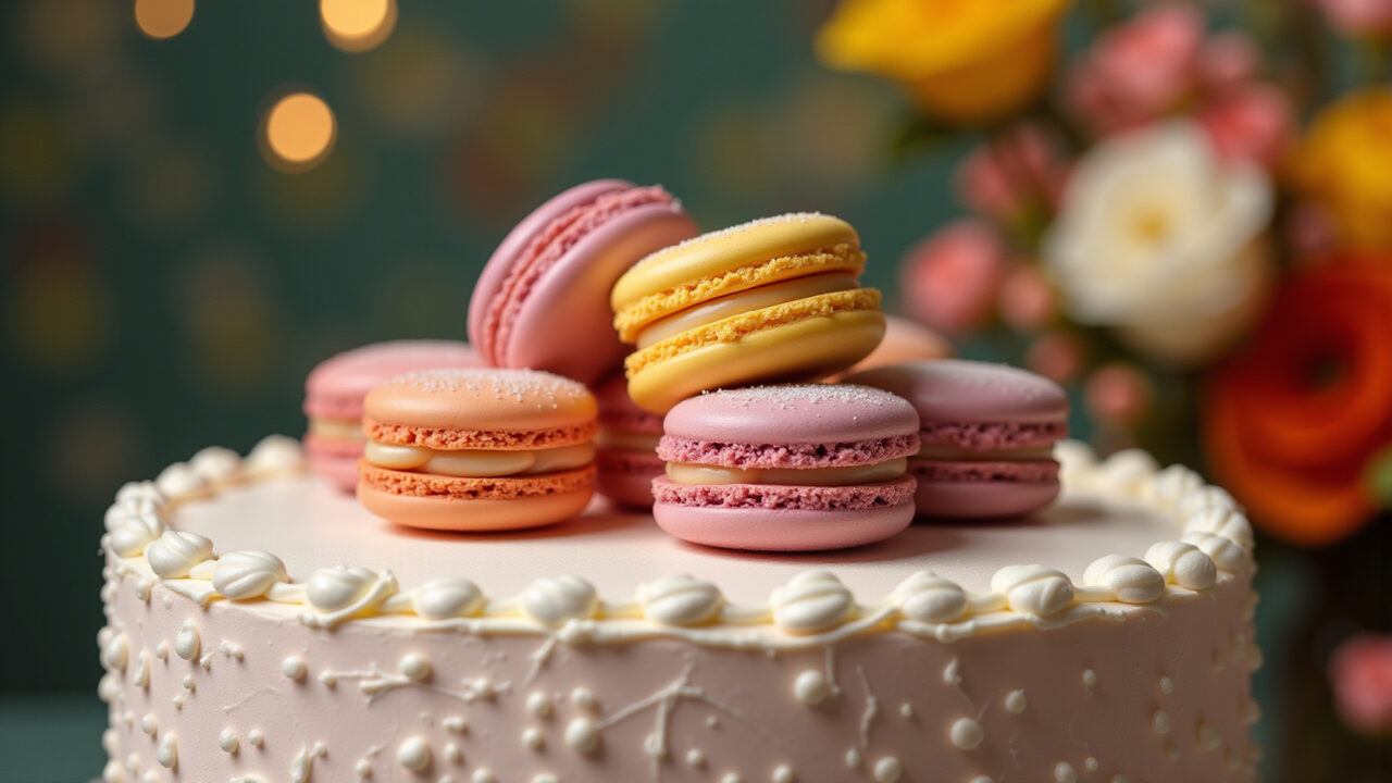 Bolo feminino decorado com macarons coloridos.
