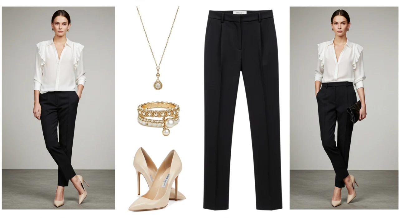 Look completo Elegante Camisa Branca Feminina com Calça de Alfaiataria e Salto Alto