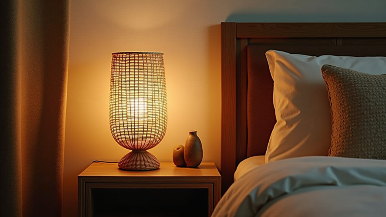 A bedside table with a wicker lamp emitting a soft, diffused light, complemented by earthy-toned Abajur de vime em mesa de cabeceira com iluminação suave.