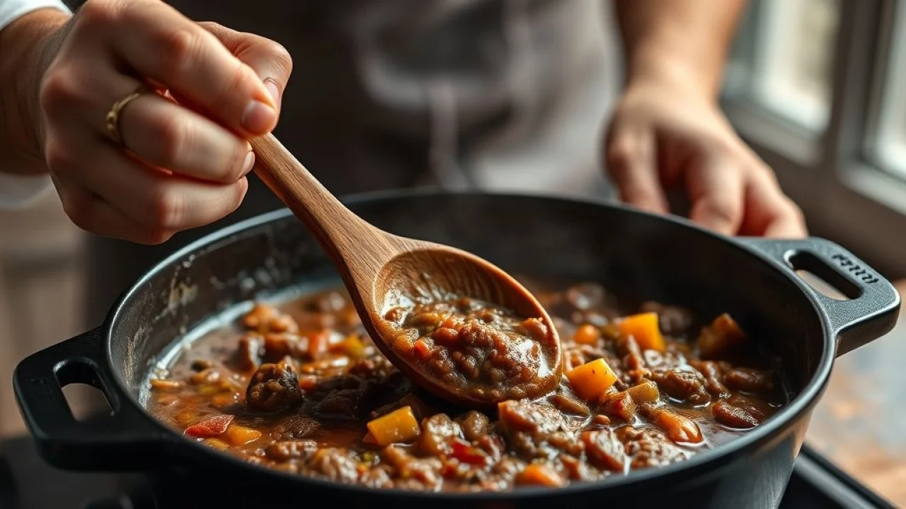 Chef mexendo feijoada com colher de pau. Utensílio essencial para panelas antiaderentes na cozinha brasileira.