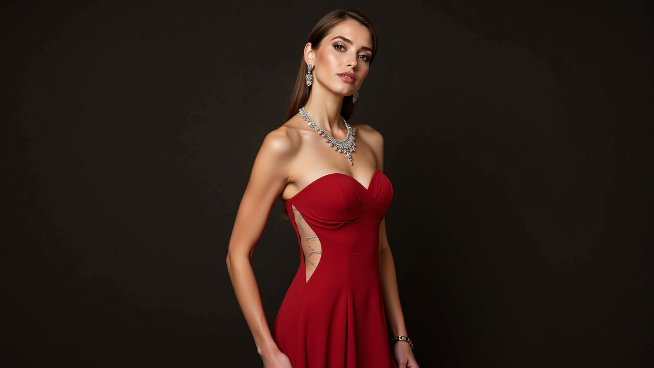 Noiva em vestido vermelho escuro para casamento à noite.
