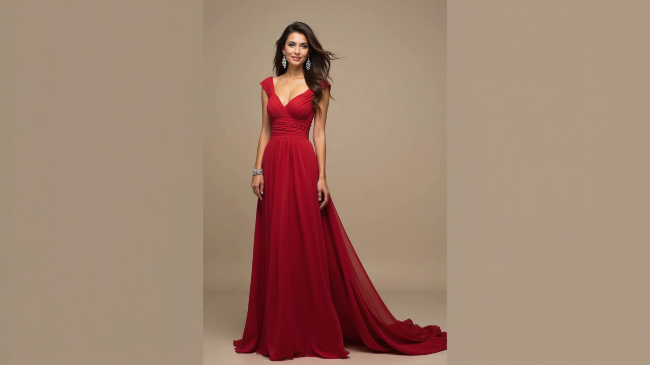 Madrinha em vestido vermelho longo e elegante.