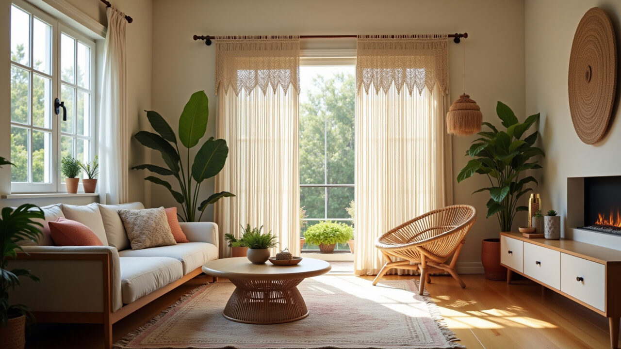 Cortina de macramê dividindo uma sala de estar boho.