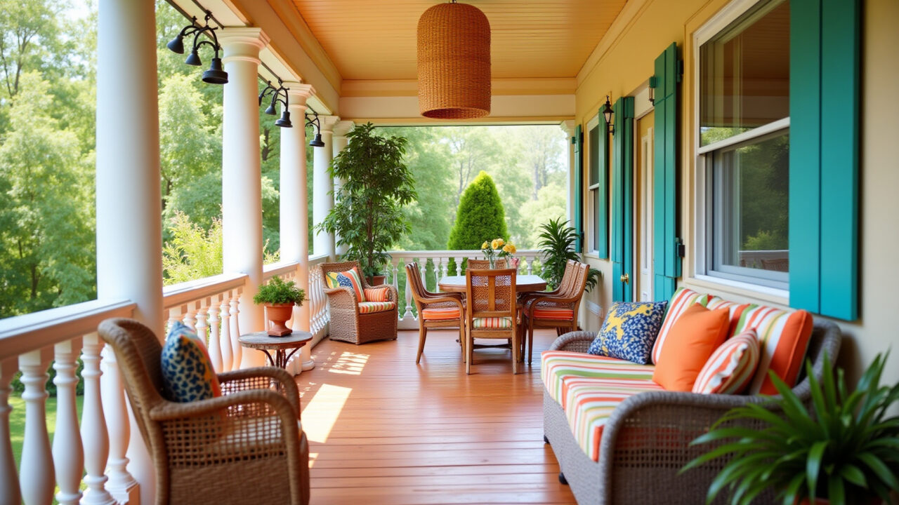 A bright and airy veranda featuring a straw lamp, combined with vibrant colors and cheerful prints, Varanda iluminada com luminária de palha e decoração alegre.