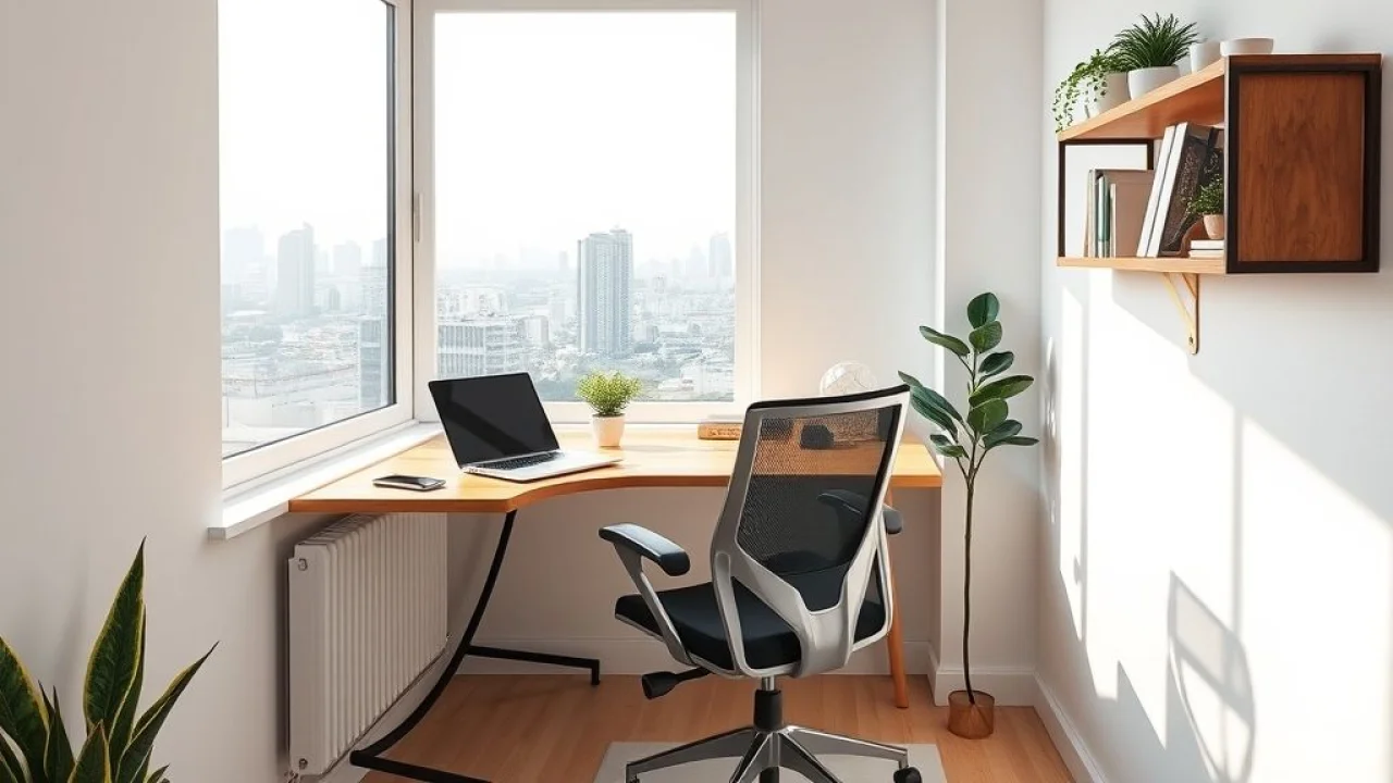 Home office pequeno e minimalista no Brasil, com mesa de madeira e planta.