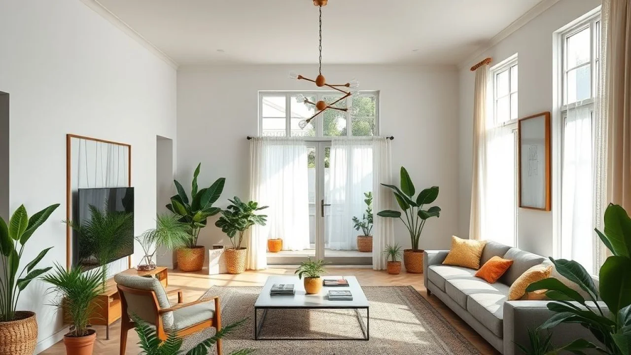 Sala brasileira moderna com espelho amplo, refletindo luz natural e ampliando o espaço.