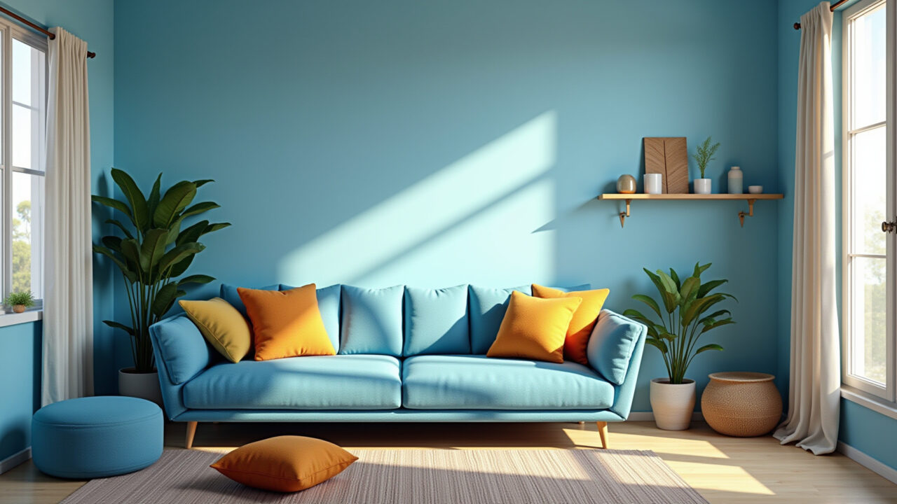 Sala de estar azul com sofá confortável e decoração vibrante.