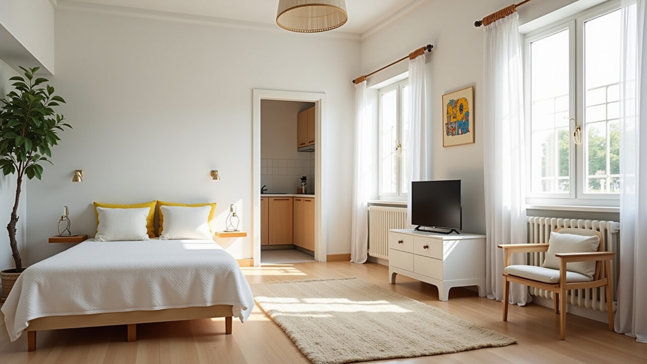 A bright, small studio apartment in Brazil, decorated with light colors, minimalist furniture, and Kitnet pequena e iluminada com decoração minimalista e arte brasileira.