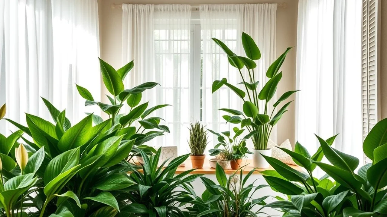 Sala brasileira vibrante com plantas de sombra exuberantes como Zamioculca, Lírio da Paz e Espada de São Jorge.