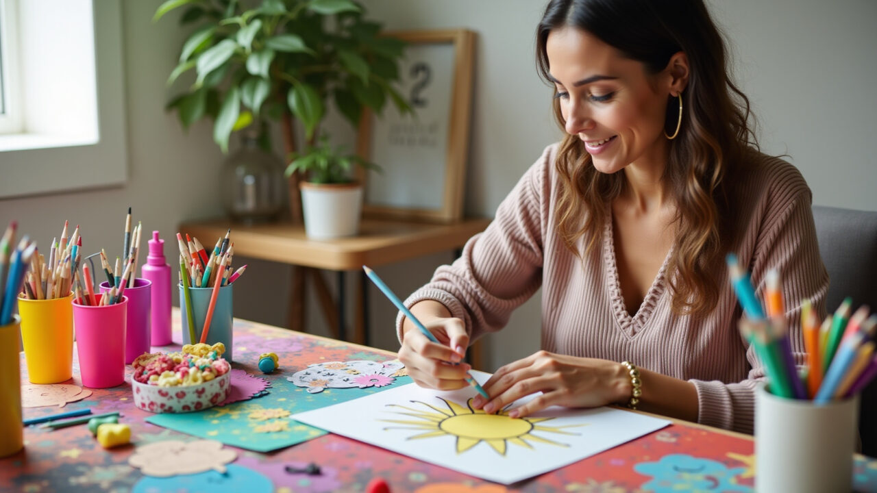 A brightly lit art studio, Brazilian style, featuring an adult woman surrounded by art supplies, Mulher criando artes e artesanato para o Dia das Crianças em estúdio iluminado.