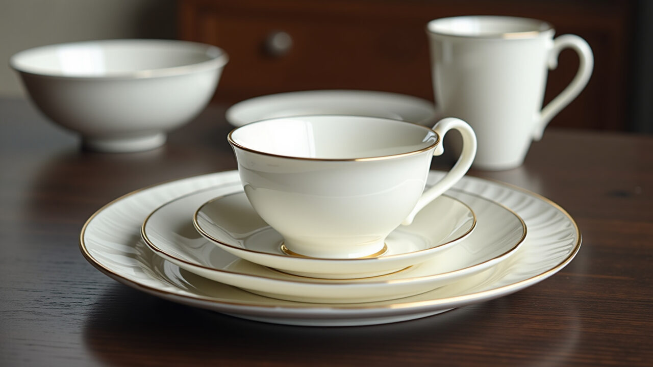 A classic white porcelain dinnerware set with gold trim on a dark wooden table, with soft, natural Aparelho de jantar clássico de porcelana branca com detalhes dourados.