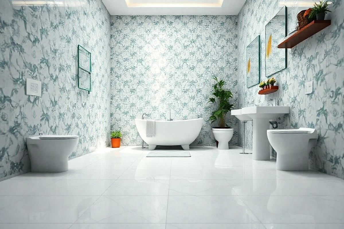 Banheiro brasileiro com piso de porcelanato impecável e brilhante.
