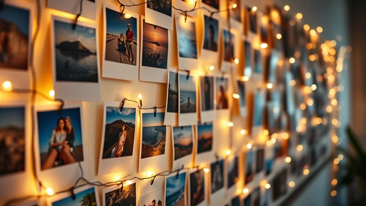 Mural de fotos com varal de luzes em quarto brasileiro.