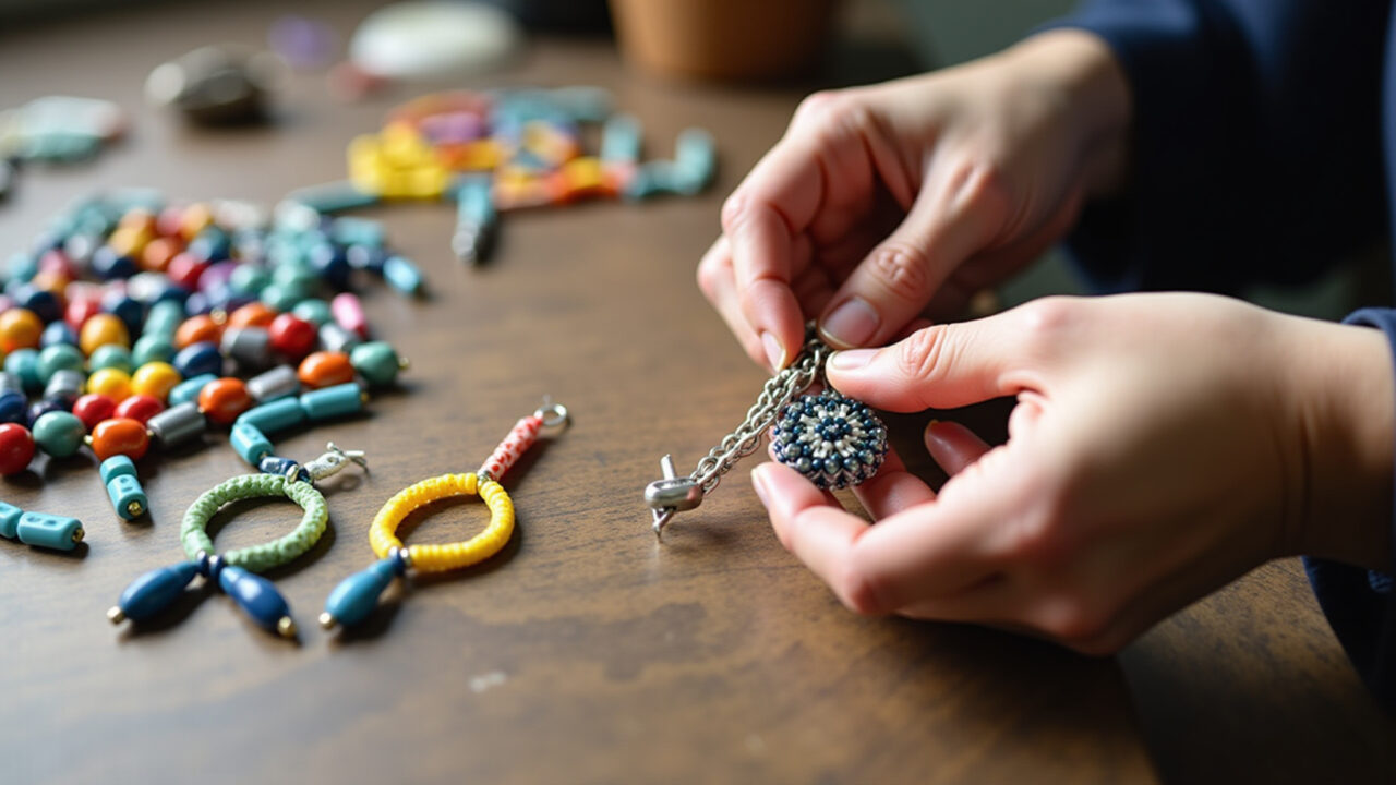 Mãos criando bijuterias artesanais coloridas.