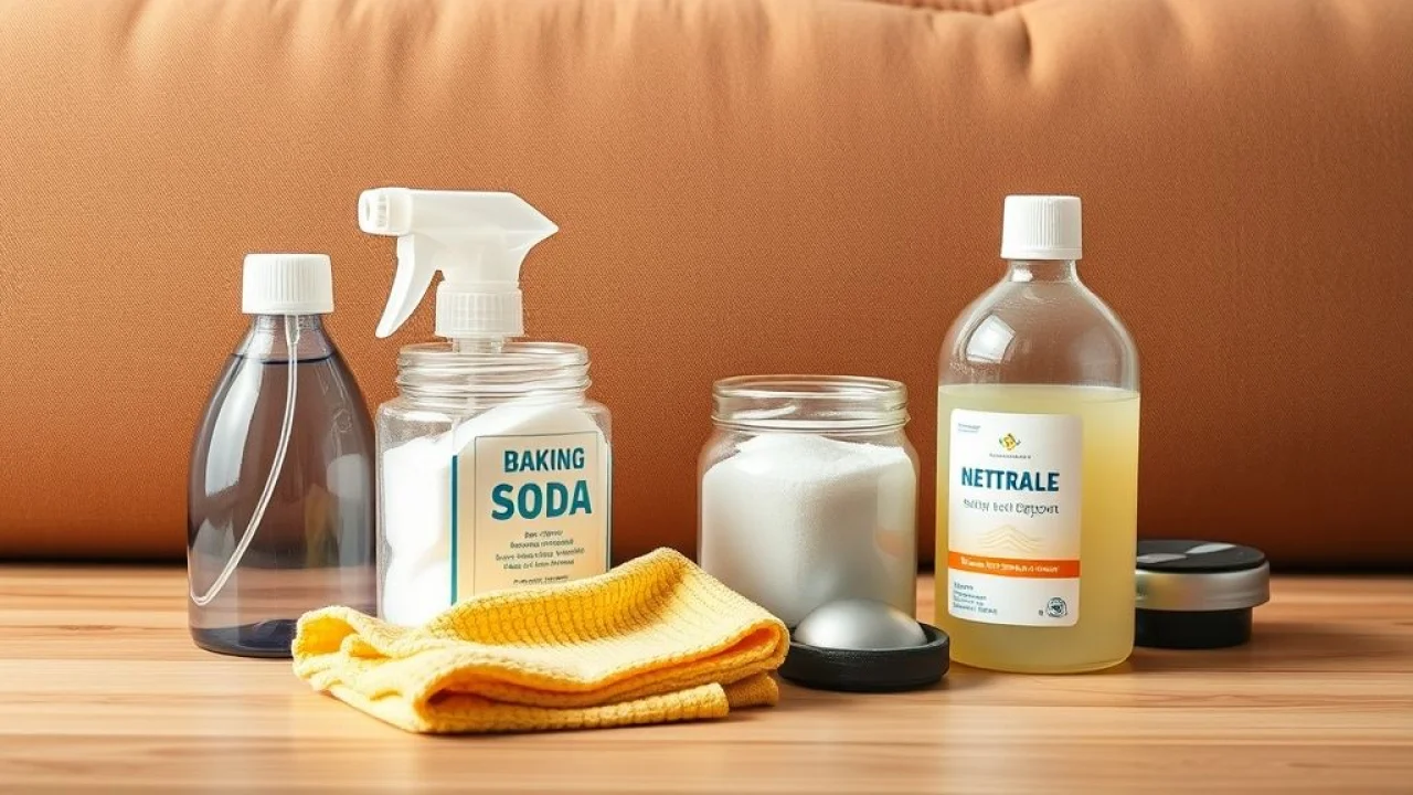 A collection of common household cleaning products arranged neatly on a wooden surface, including a Produtos de limpeza para sofá: detergente neutro, bicarbonato, pano e borrifador.