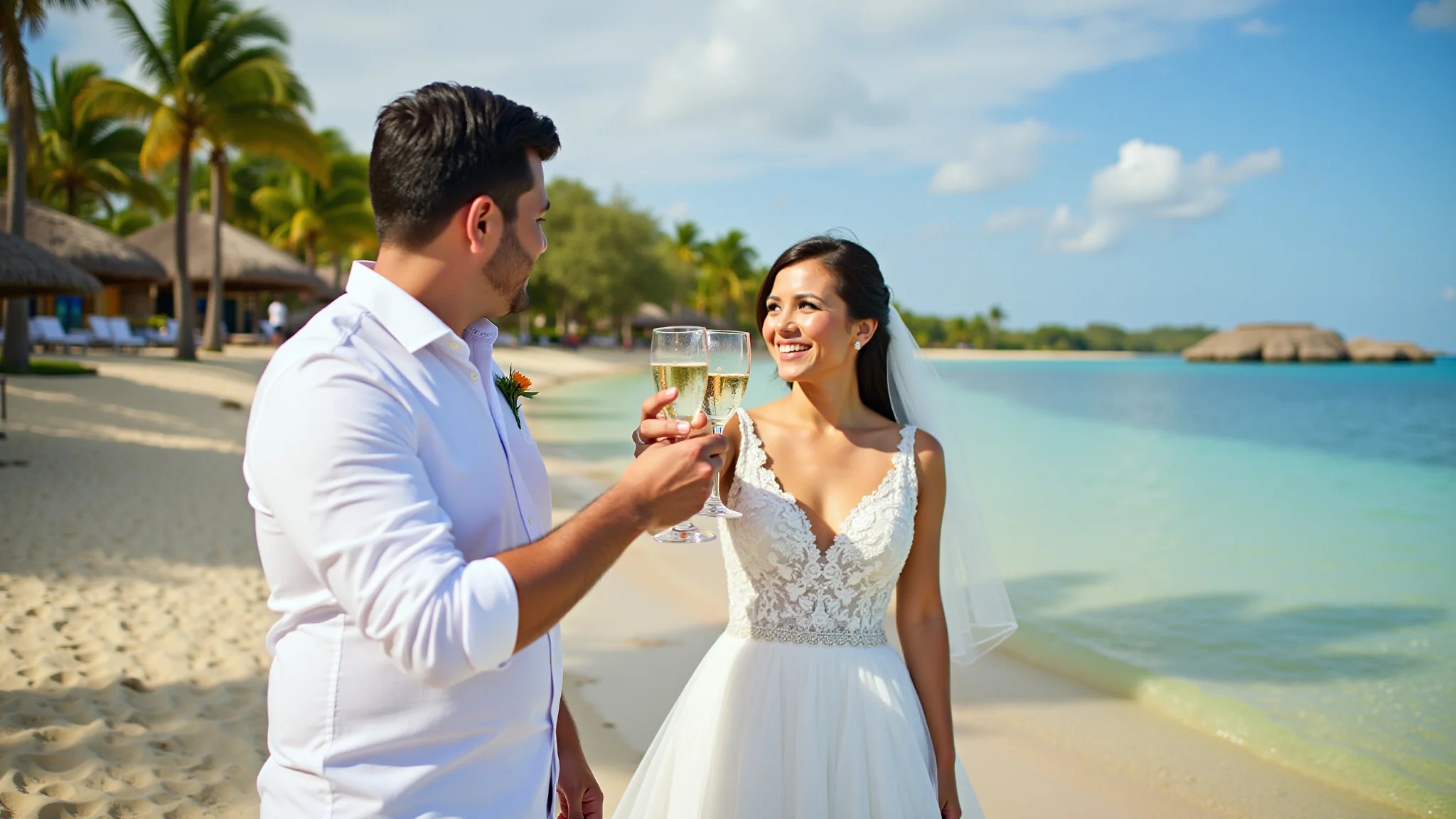 Casal brindando com champanhe na Praia do Patacho, Alagoas. Lua de mel inesquecível.