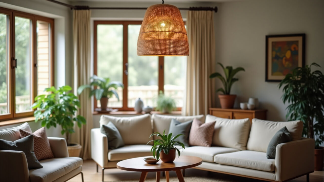 A cozy living room featuring a rattan pendant lamp casting a warm glow, surrounded by neutral-toned Sala de estar aconchegante com luminária pendente de rattan.