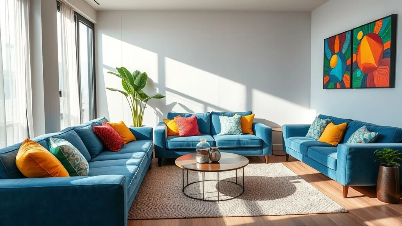 A cozy living room in a modern Brazilian apartment, featuring a stylish blue velvet sofa, Sala de estar aconchegante com sofá azul, almofadas coloridas e luz natural.