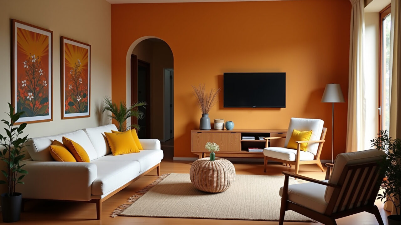 Sala de estar aconchegante com cores quentes.