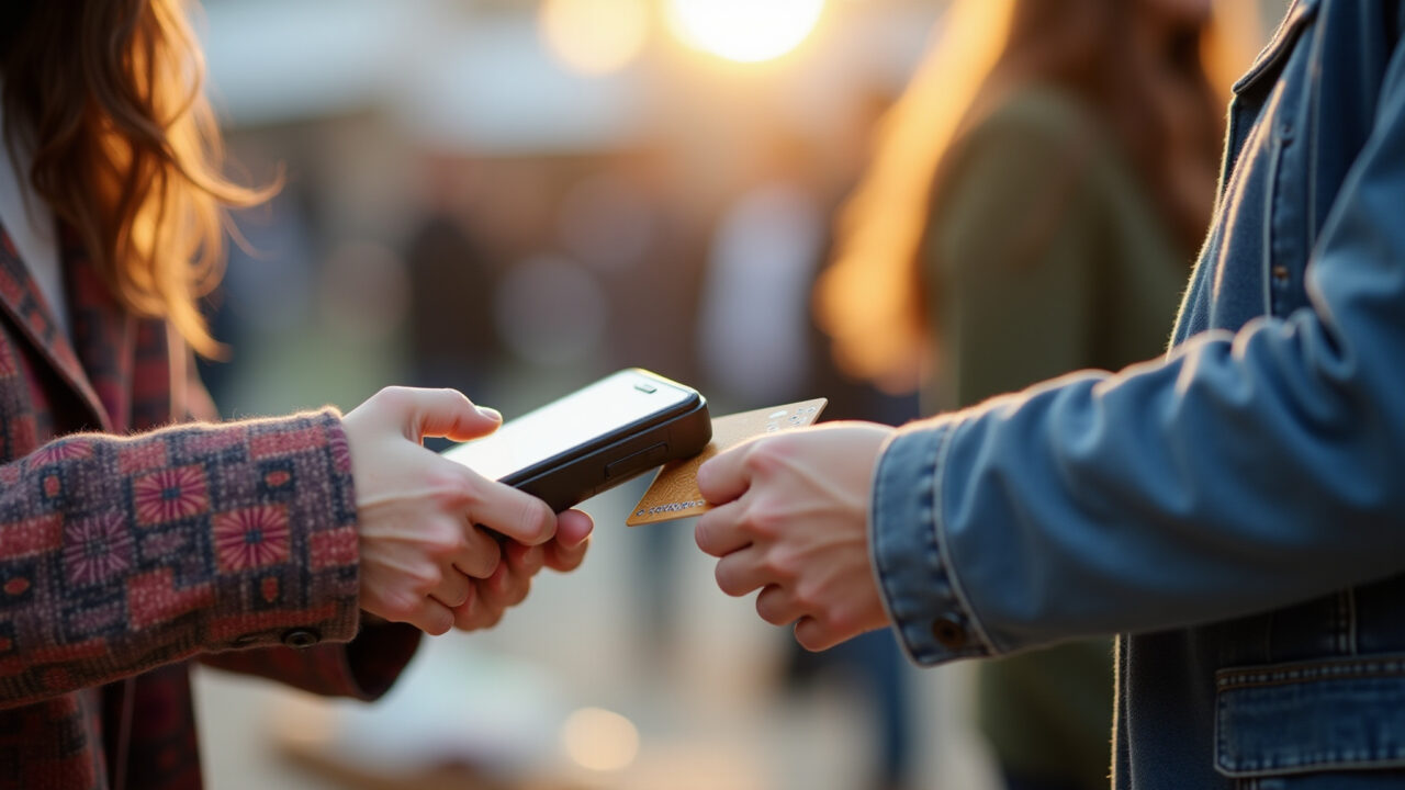 Vendedora de artesanato usando terminal de pagamento móvel.