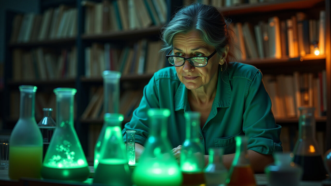 A dimly lit alchemist's laboratory, bubbling beakers, shelves of dusty books, a middle-aged Laboratório de alquimista com mulher brasileira concentrada em poção.