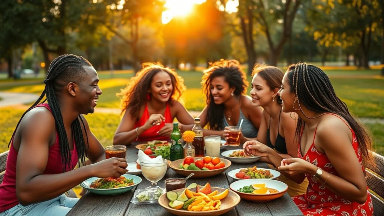 A diverse group of Brazilians enjoying a colorful and healthy meal outdoors in a park in Rio de Grupo de brasileiros comendo ao ar livre. Dieta equilibrada e perfume.
