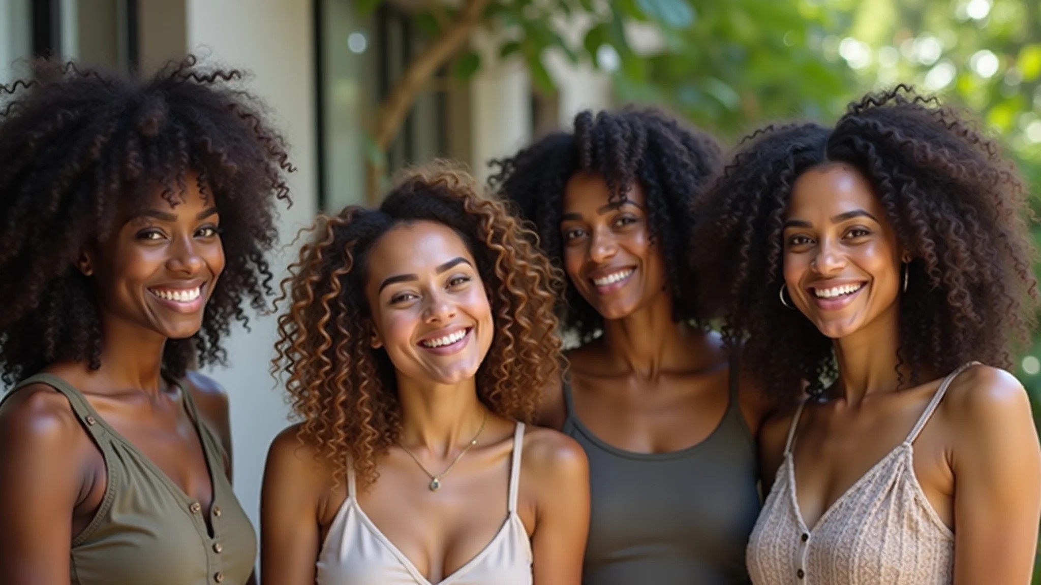 Grupo diverso de mulheres cacheadas discutindo técnicas de plopping, estilo brasileiro.