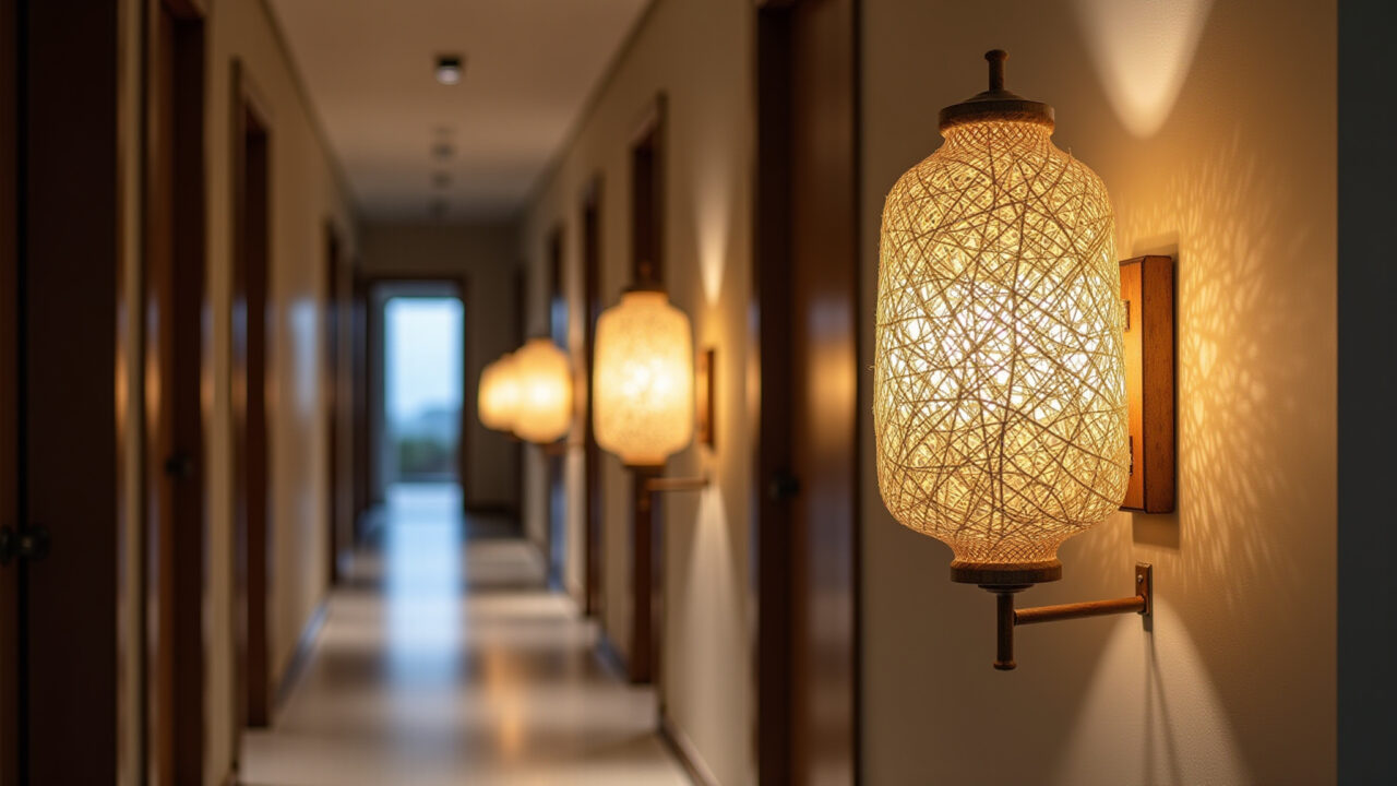 A hallway illuminated by natural fiber sconces, creating an interesting play of light and shadow, Corredor iluminado por arandelas de fibra natural.