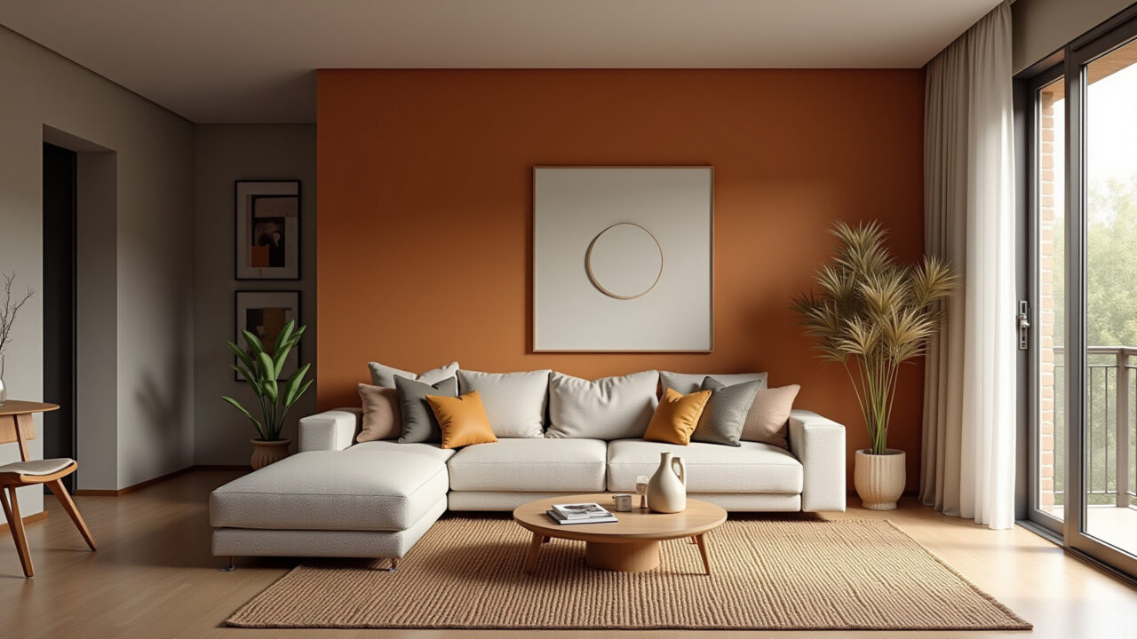 Sala de estar com paleta de cores harmônica e texturas variadas.
