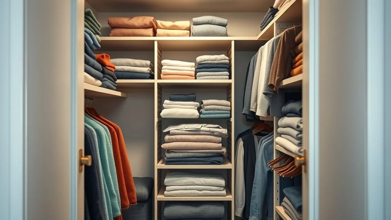 Guarda-roupa pequeno e organizado com roupas dobradas e prateleiras otimizadas.
